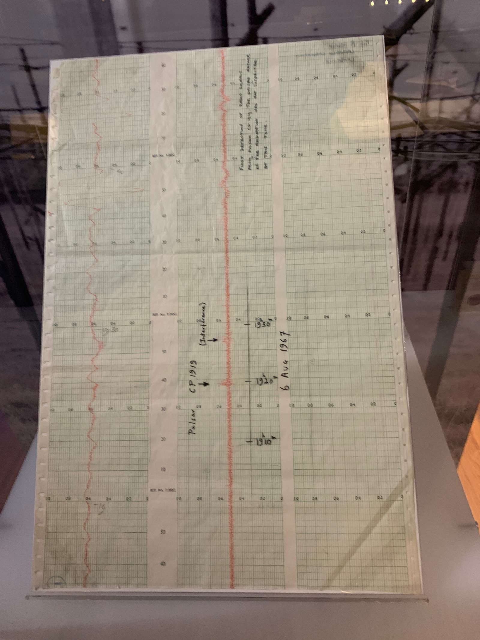 Een naamloze lijnplot van de radiopulsen van de eerste pulsar, in de stijl van de bekende grafiek van Harold Craft. Dit is een nagetekende versie: het origineel uit 1970 is hier niet vrij te gebruiken.