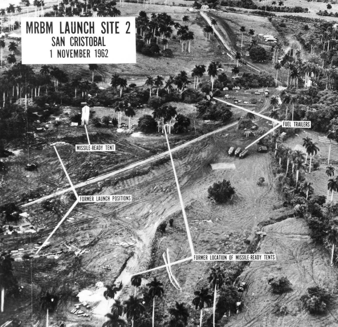Een luchtfoto van een Sovjet-raketbasis op Cuba, oktober 1962.